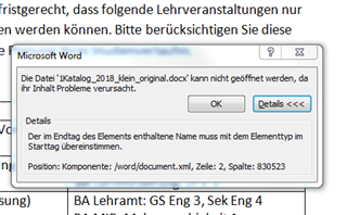 Error message in Microsoft Word stating 'The file Katalog_2018_zeigen_original.docx cannot be opened because its content causes problems.' with a Details button for more information.