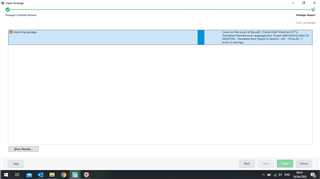 SDL Trados Studio error message displaying 'An error occurred whilst opening the package. The package file is not valid.' with a progress bar stuck at the beginning.