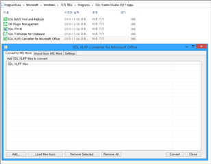 Trados Studio 2017 Apps dialog box showing a list of plugins with a warning message 'Add SDLXLIFF files to convert'.