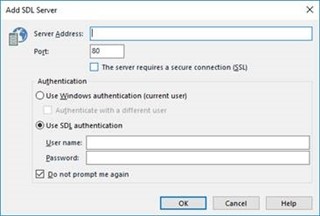 Add SDL Server dialog box with empty Server Address field, Port number 80, and options for Authentication including 'Use Windows authentication (current user)', 'Use Windows authentication (different user)', and 'Use SDL authentication' with username and password fields.