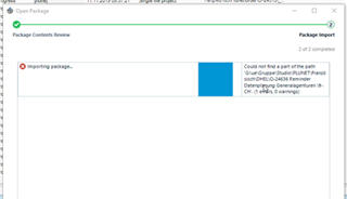 Error message during package import in SDL Trados Studio 2019 showing 'Could not find a part of the path' with a file directory path and '0x0' error code.