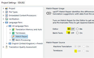 Trados Studio Project Settings window showing Match Repair option turned off for Editor and Batch Tasks under Translation Memory and AutoSuggest.
