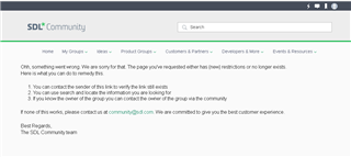 SDL Community webpage displaying an error message stating 'Oh, something went wrong. We are sorry for that. The page you've requested either does not exist or is no longer available.'