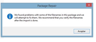 Trados Studio Package Repair dialog box with a message stating 'We found problems with some of the filenames in this package and we will attempt to fix them. We recommend that you verify the filenames after the import is done.' with an Accept button.