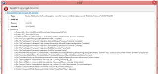 Error message in Trados Studio indicating 'Impossible to create a part of the path'. Lists multiple file paths and error details in red text.