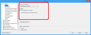 Screenshot of Trados Studio Editor Options window highlighting the 'MS Word Spell Checker' option under 'AutoCorrect' settings.