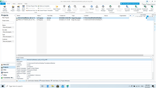 Trados Studio 2021 showing the Projects view with a selected project but the analysis reports section is empty.