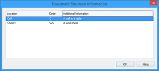 Trados Studio Document Structure Information dialog box showing two rows, 'Cell' with code 'C' and 'Sheet1' with code 'W$'.