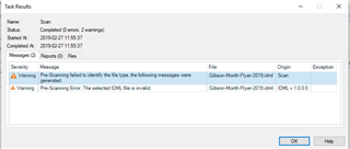 Error message in Trados Studio Task Results window showing 'Pre-Scanning failed to identify the file type. The following messages were generated' with two warnings for a file named 'Gibson-Morph-Flyer-2019.idml'.