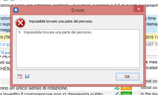 Error message in Trados Studio stating 'Impossible trovare una parte del percorso' which translates to 'Unable to find part of the path'.