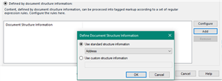 Define Document Structure Information window in Trados Studio with options to use standard or custom structure information for embedded content.