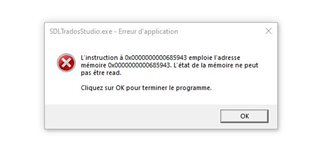 Error message in SDL Trados Studio application stating 'The instruction at 0x0000000000658943 referenced memory at 0x0000000000658943. The memory could not be read. Click on OK to terminate the program.'