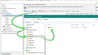 Screenshot of Trados Studio showing the process of adding Translation Memory from a DropBox folder, with arrows indicating the flow of action.