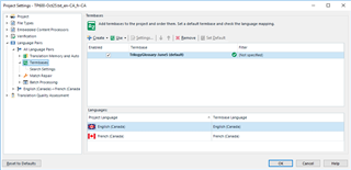 Trados Studio Project Settings window showing the Termbases tab with 'No open termbase' message displayed after attempting to add a local termbase.