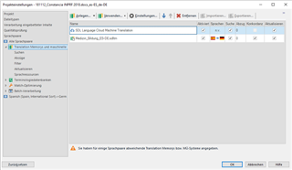 Trados Studio project setup window with a warning message stating 'Sie haben fur einige Sprachpaare keine Translation Memorys (TMs) angegeben.'