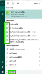 Trados Studio mobile app screen with a list of Translation Memory files highlighted, including 'ProjectName.sdltm' and 'AUTUMN_Roadshow.sdltm'.