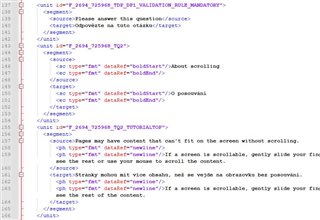 Screenshot of Trados Studio displaying XML code with segments including instructions for scrolling and data entry fields.