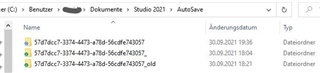 File Explorer window showing three folders in the AutoSave directory with similar names, one of which has '_old' appended to it, all modified on 30.09.2021.