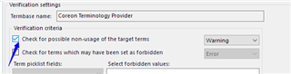 Trados Studio verification settings window showing Coreon Terminology Provider with options for warnings and errors checked.