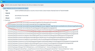 Error message in Trados Studio stating 'Failed to verify document: Object reference not set to an instance of an object.' with a red circled error detail.