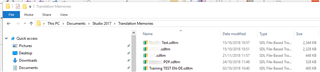 File Explorer window showing Trados Studio 2017 Translation Memories folder with files such as 'en-de.sdltm' and 'de-en.sdltm'.