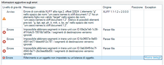 Trados Studio error log showing multiple errors and warnings related to opening and parsing XLIFF files, with references to object instances and parser file issues.