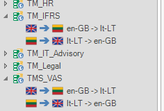 Screenshot of Trados Studio showing a list of translation memories with language direction flags, including TM_IFRS, TM_HR, TM_IT_Advisory, TM_Legal, and TMS_VAS with correct language directions set.