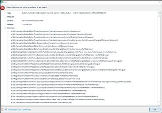 Error message in Trados Studio 2017 stating 'Object reference not set to an instance of an object.' with a stack trace of the error details.