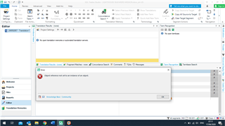 SDL Trados Studio 2019 error message dialog box stating 'Object reference not set to an instance of an object.' with an exclamation mark icon.