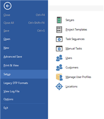 Trados Studio screenshot showing the Setup menu with options including Servers, Project Templates, Task Sequences, Manual Tasks, Users, Customers, Manage User Profiles, and Locations.