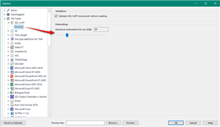 Trados Studio settings window showing the SDLXLIFF file type with a highlighted setting for embedding, indicating a size limit for source files.