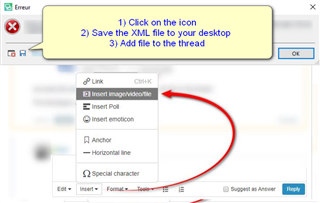 Error dialog box with instructions to click on the icon, save the XML file to desktop, and add file to the thread in Trados Studio.