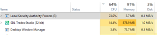 Task Manager screenshot displaying high CPU usage by Local Security Authority Process at 20-25% when Trados Studio is open.