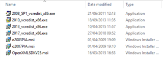 File explorer window displaying various application and Windows Installer files including 'vc_redist' executables from 2008, 2010, 2013, and 2017, and 'OpenXMLSDKv2.msi'.
