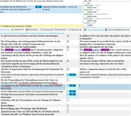 Screenshot of Trados Studio interface showing a document being translated with automated translation activated. The source text is on the left and the target text on the right. No visible errors or warnings are present.