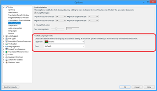 Screenshot of Trados Studio Options menu with a red box highlighting the Language setting displaying 'Bislama' as the selected option.