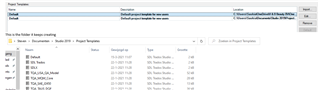 Trados Studio Project Templates window showing a list of templates with their names, descriptions, locations, and applied status. A default template location path is visible.