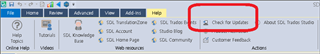 Trados Studio screenshot showing the top menu with a red circle highlighting 'Check for Updates' in the Help section.