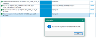 Trados Studio screenshot showing completed tasks: Create Translation Memory, Import, Build Translation Model, and Align Translation Units with a pop-up indicating 'Successfully aligned 3441799 translation units.'