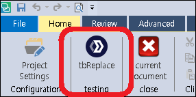 Screenshot of SDL Trados Studio interface showing the 'tbReplace' plugin icon highlighted within the Review tab.