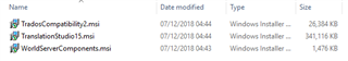 File explorer window with three Windows Installer files: 'TradosCompatibility.msi', 'TranslationStudio5.msi', and 'WordServerComponents.msi', all modified on 07122018.