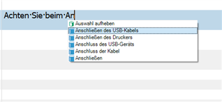 Screenshot of Trados Studio AutoSuggest dropdown menu with options in German, such as 'Anschliessen des USB-Kabels'. No visible errors or warnings.