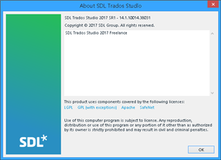 Screenshot of the 'About SDL Trados Studio' window showing version number 2017 SR1 - 14.1.10014.38301 and copyright information.