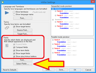 Trados Studio Hitlist Settings window with Fields section highlighted, showing options to specify which fields display and their format in the tree. An arrow points to 'Select Fields...' button.