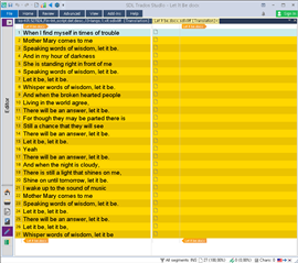 Trados Studio interface showing multiple text segments with the first segment selected in yellow.