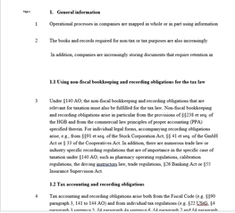 Screenshot of Trados Studio showing a text document with numbered sections and bullet points detailing tax accounting and recording obligations.