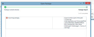 Trados Studio Open Package dialog box showing an error during 'Package Contents Review' step with a message 'Could not find a part of the path' followed by a file path, indicating an issue with importing the package.