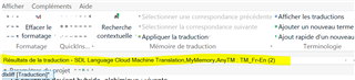 Trados Studio screenshot showing the main window with a warning message 'R gles de la traduction - SDL Language Cloud Machine Translation, Memory API, TM, Full, (en)' indicating an issue with translation rules.