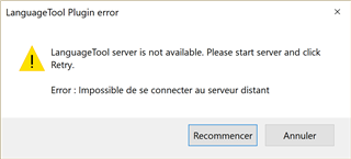 Error message in Trados Studio stating 'LanguageTool Plugin error: LanguageTool server is not available. Please start server and click Retry. Error: Impossible de se connecter au serveur distant' with options to Retry or Cancel.