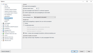 Trados Studio options menu showing Auto-propagate settings with 'Confirm auto-propagated segments' unchecked.
